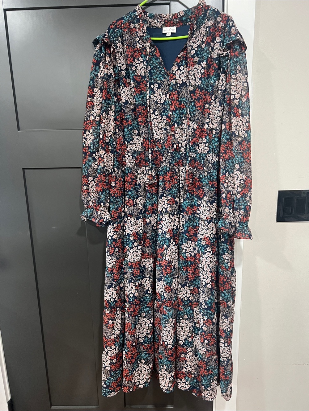 Wonderly Navy Floral Long-Sleeve Tiered Midi Dress